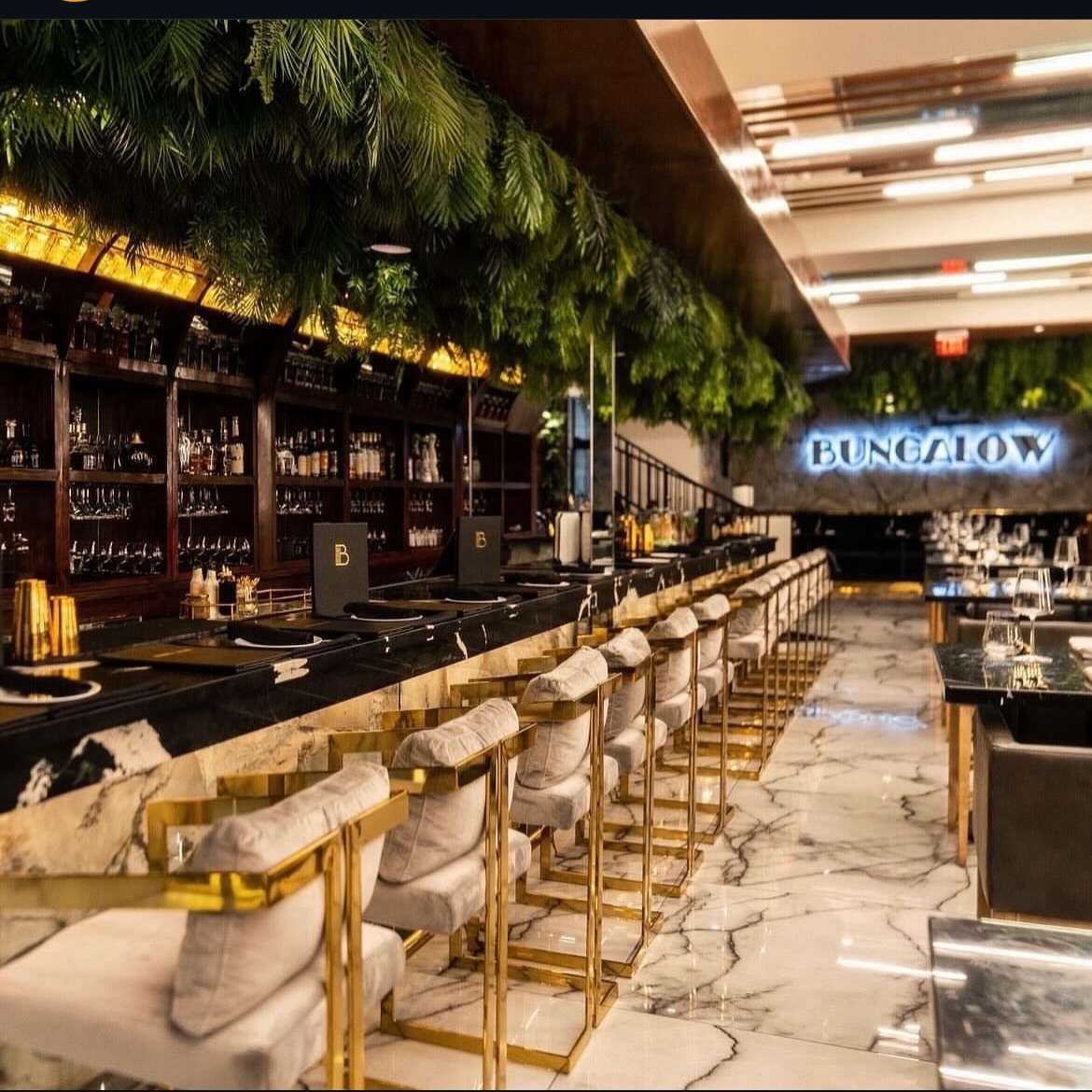 Bungalow Dining bar with brass bar stools, marble counter, bottle shelving, dining tables, and wood millwork